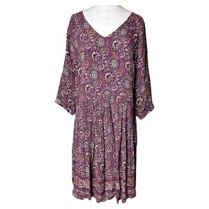 Garnet Hill | Purple Boho Floral Pullover V-Neck Pocket Dress, Size 8